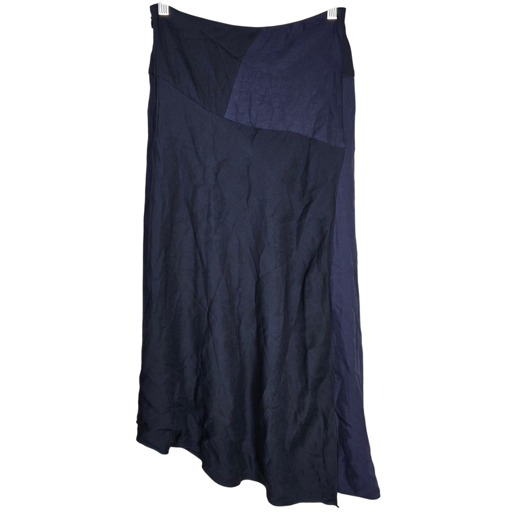 Vince Asymmetrical‎ Paneled Draped Crinkled-Satin Midnight Navy Blue Midi Skirt